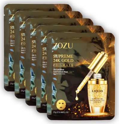 Изображение Тканевая маска для лица с золотом 24К Zozu 24K Gold Mask Gold Foil Soft Mask, 25 г • 5 штук