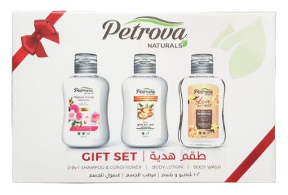 Изображение Подарочный набор Petrova Gift Set: 2 в 1 шампунь и кондиционер, гель для душа, лосьон для тела, 60 мл * 3 шт.