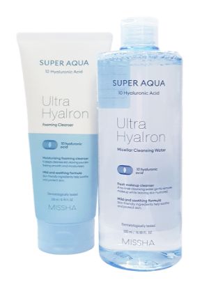 Изображение MISSHA Набор из 2 средств с гиалуроновой кислотой Super Aqua Ultra Hyalron: Очищающая пенка 200 мл + Мицеллярная вода 500 мл